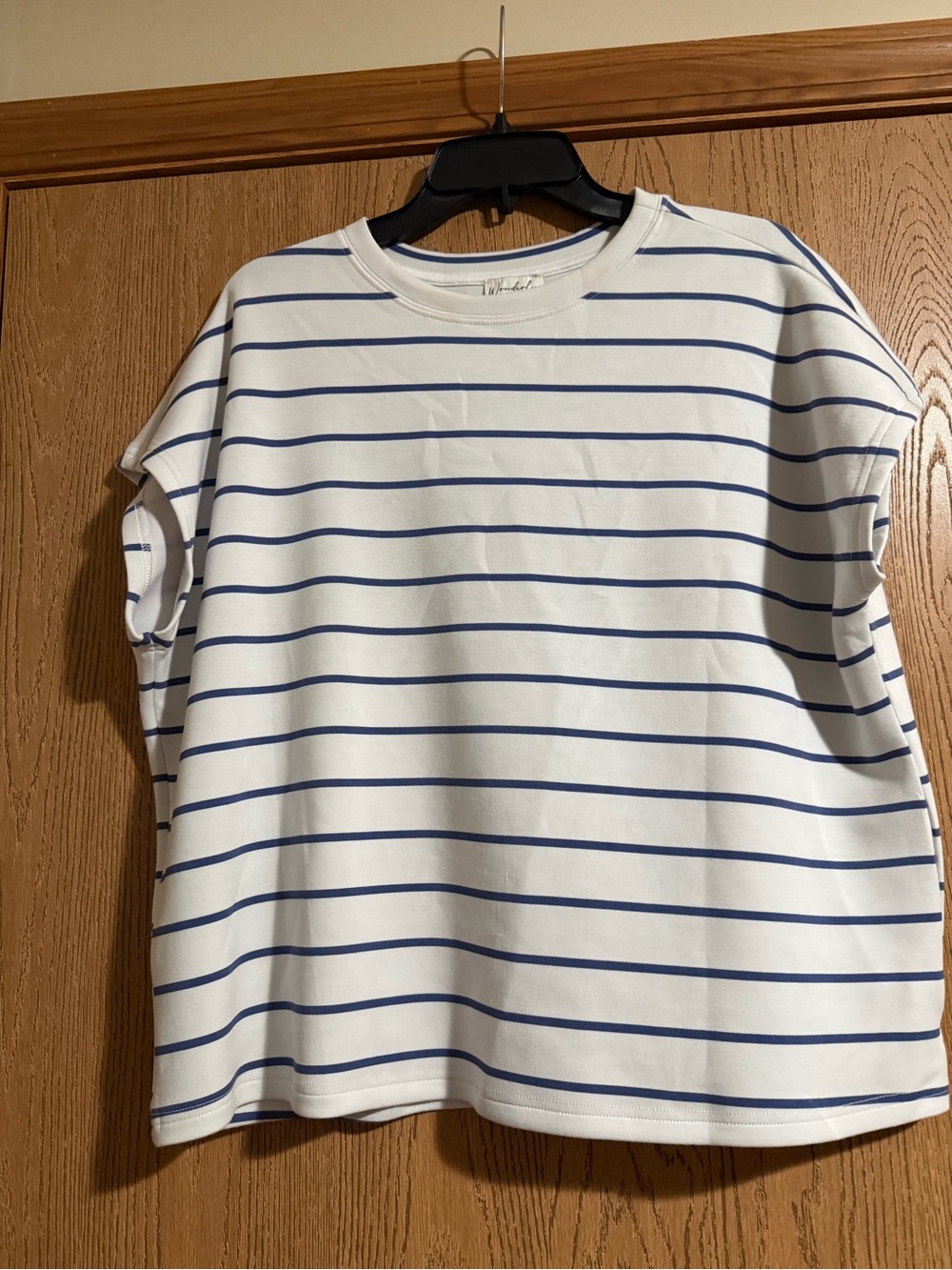 Wonderly White and Blue Stripe Crewneck Cap Sleeve T-Shirt